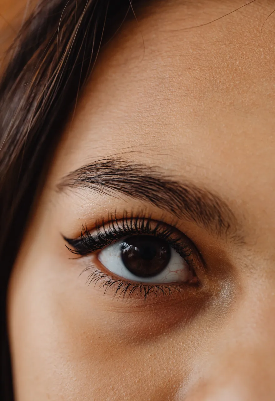 Close up of a softly defined brow and long, dark lashes