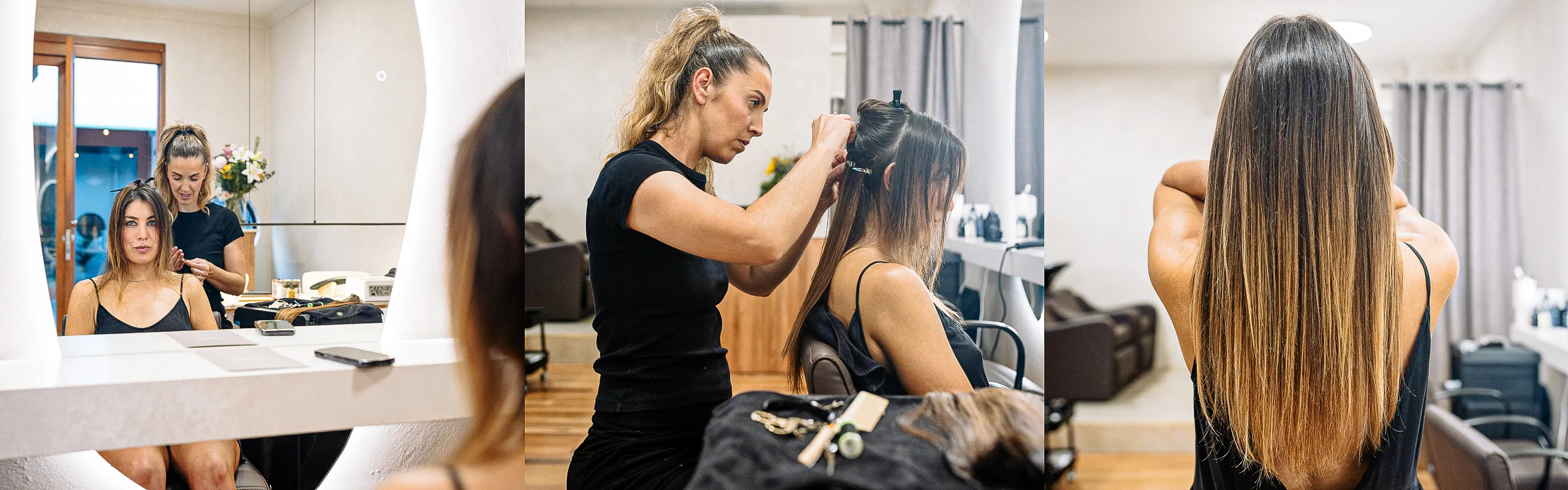 Stylist sectioning a client's long hair, and the sleek, straight finished result