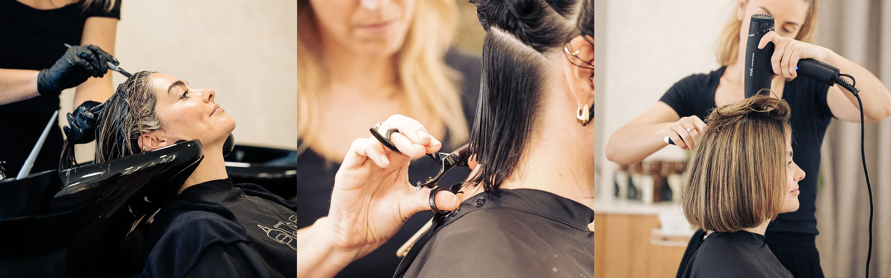 Client's hair being washed, cut and blow-dried into a smooth bob