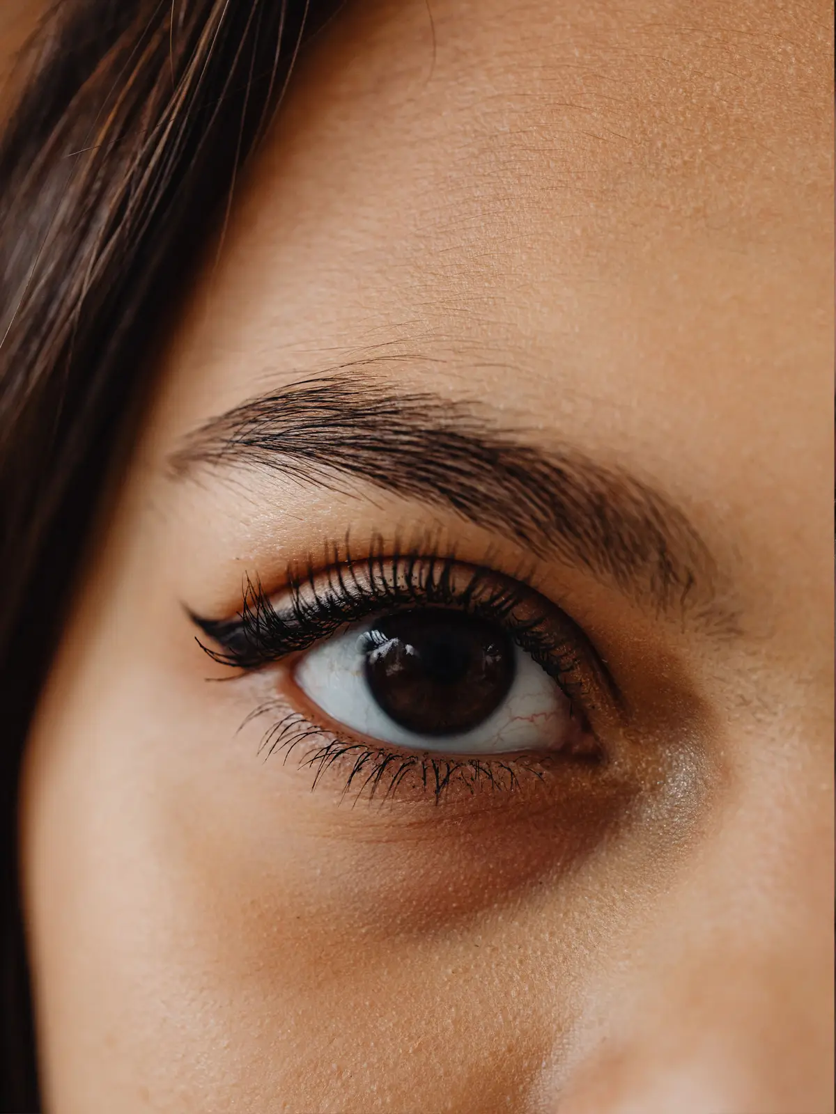 Close-up of a brown eye with full, curled lashes and a groomed brow